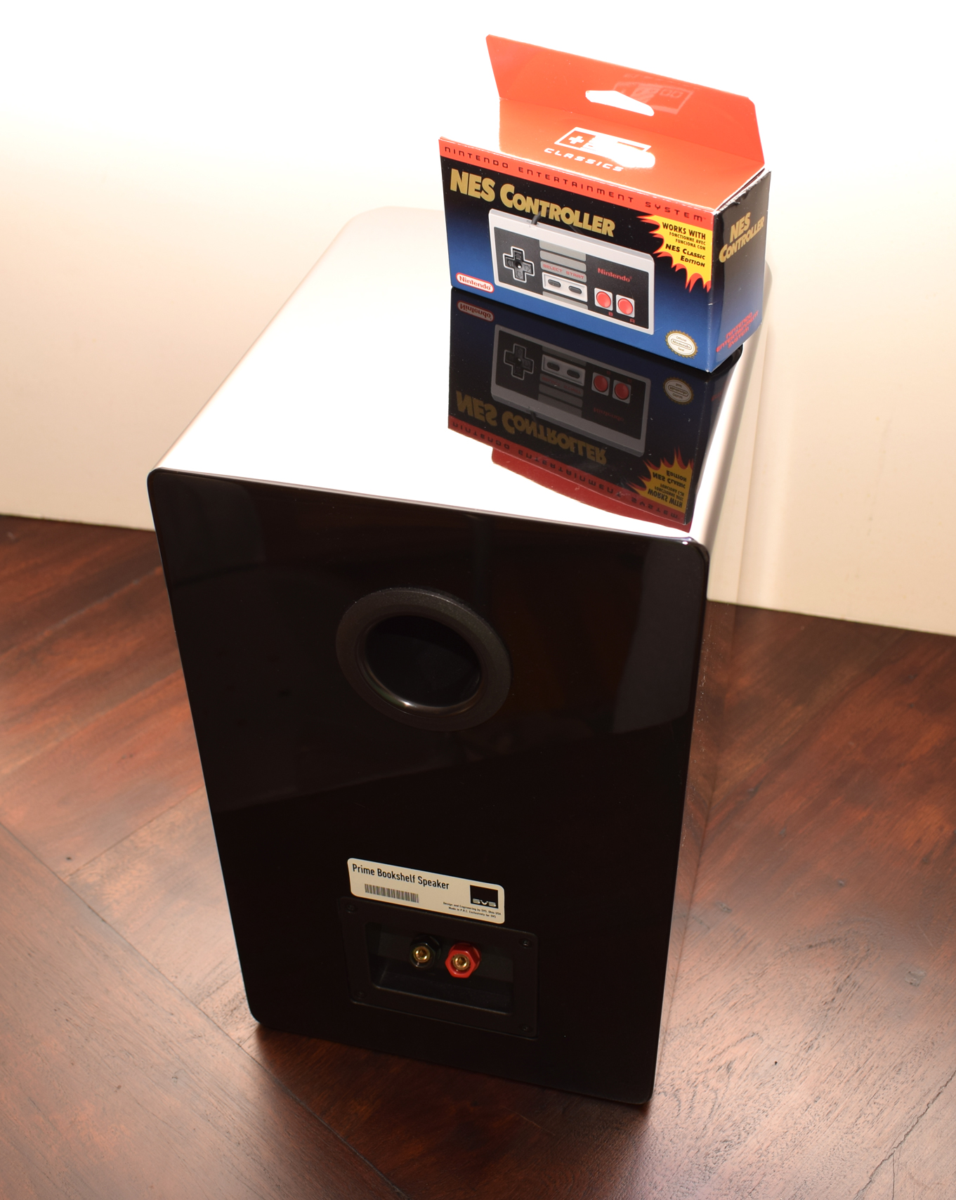 SVS Prime Bookshelf Speaker Review - Rear with NES Classic Controller